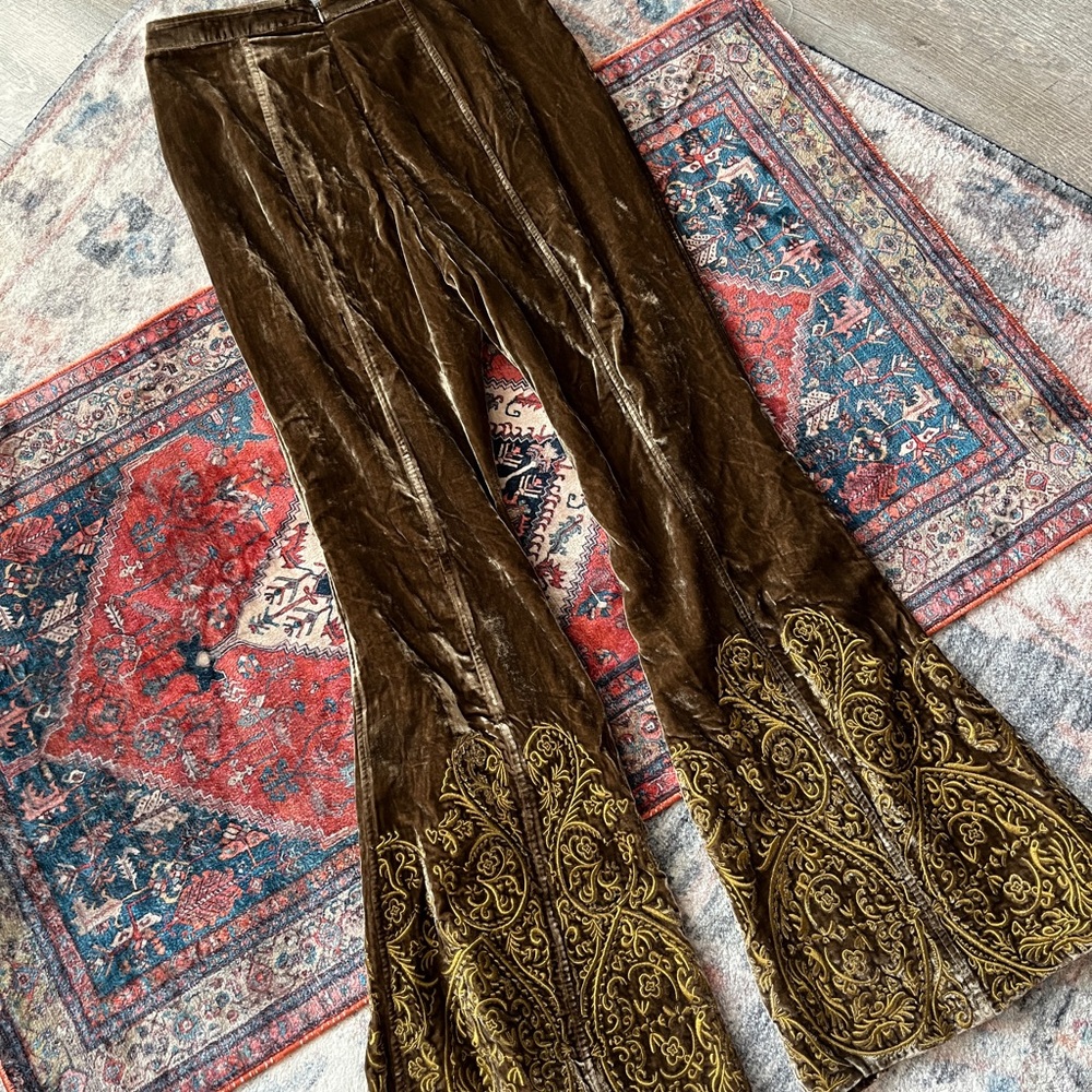 Understated Leather Embroidered Velvet Bell Bottoms